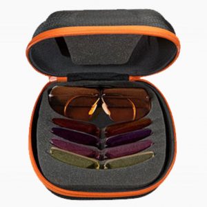 Shooting glasses with interchangeable lenses in plano and prescription great for trap, skeet, sporting clays, rifle, pistol, and hunting