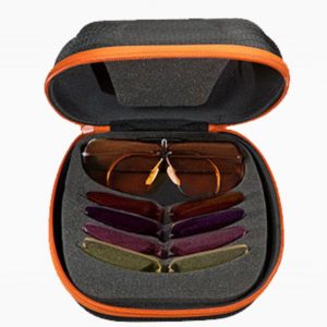 Shooting glasses with interchangeable lenses in plano and prescription great for trap, skeet, sporting clays, rifle, pistol, and hunting